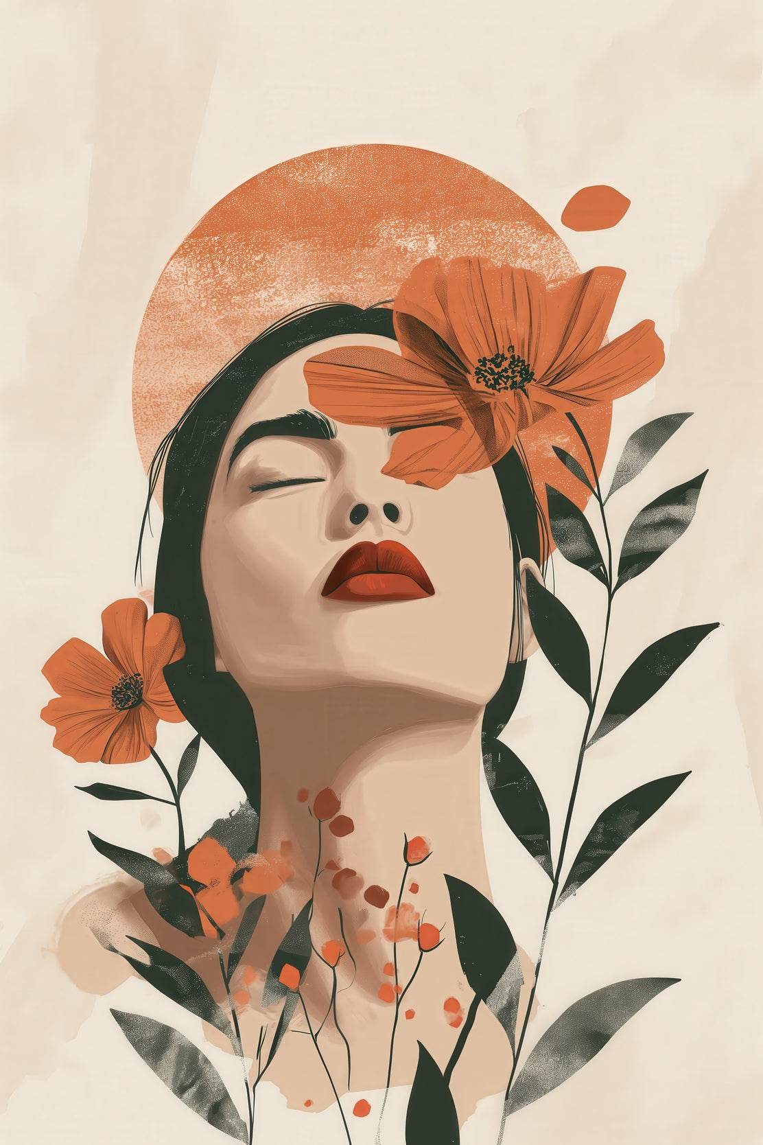 Digital Illustration of a Woman's Face With Flowers - beink online art store