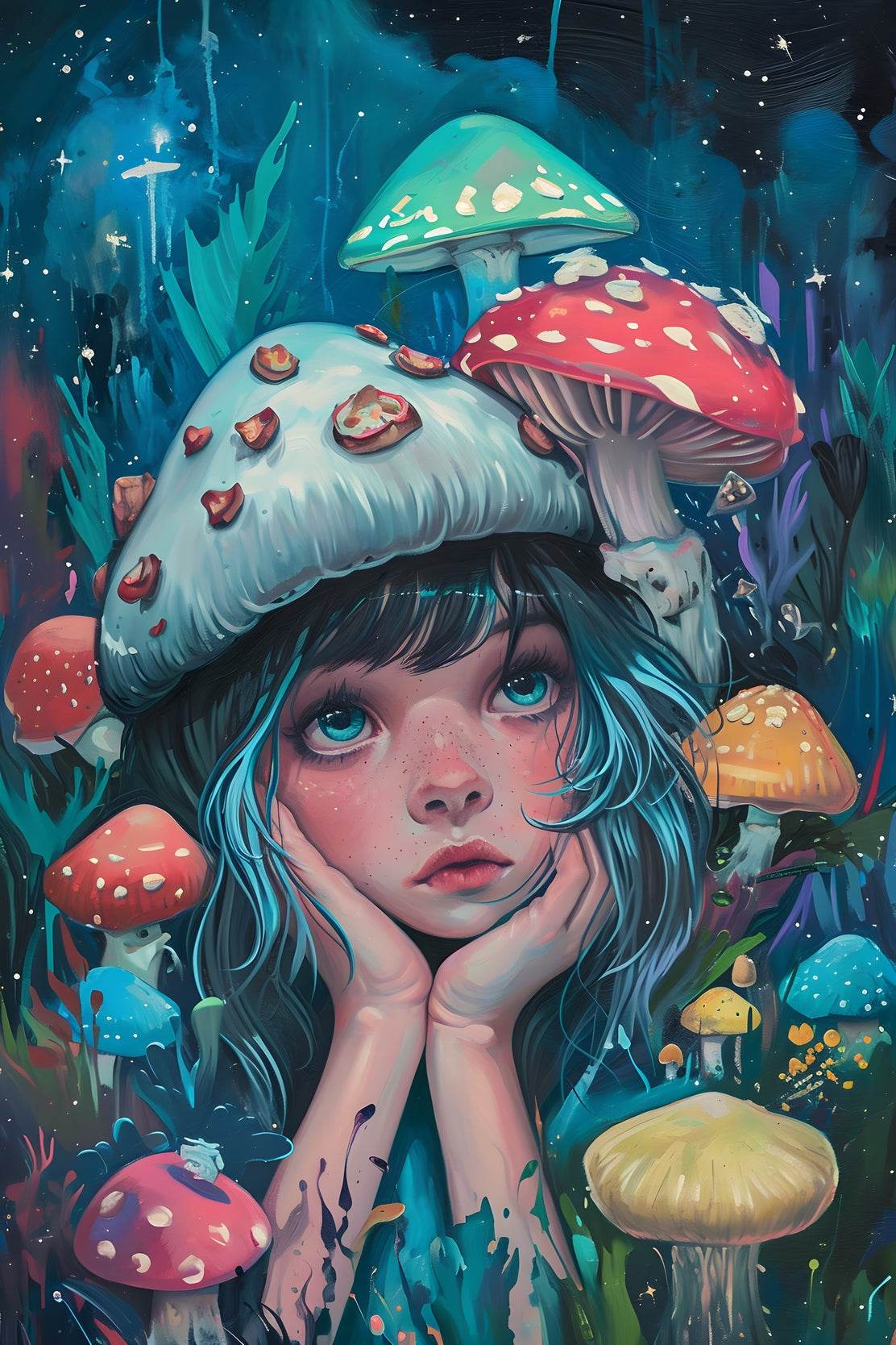 Anime Girl Colorful Style With Mushroom Wall Art - beink online art store