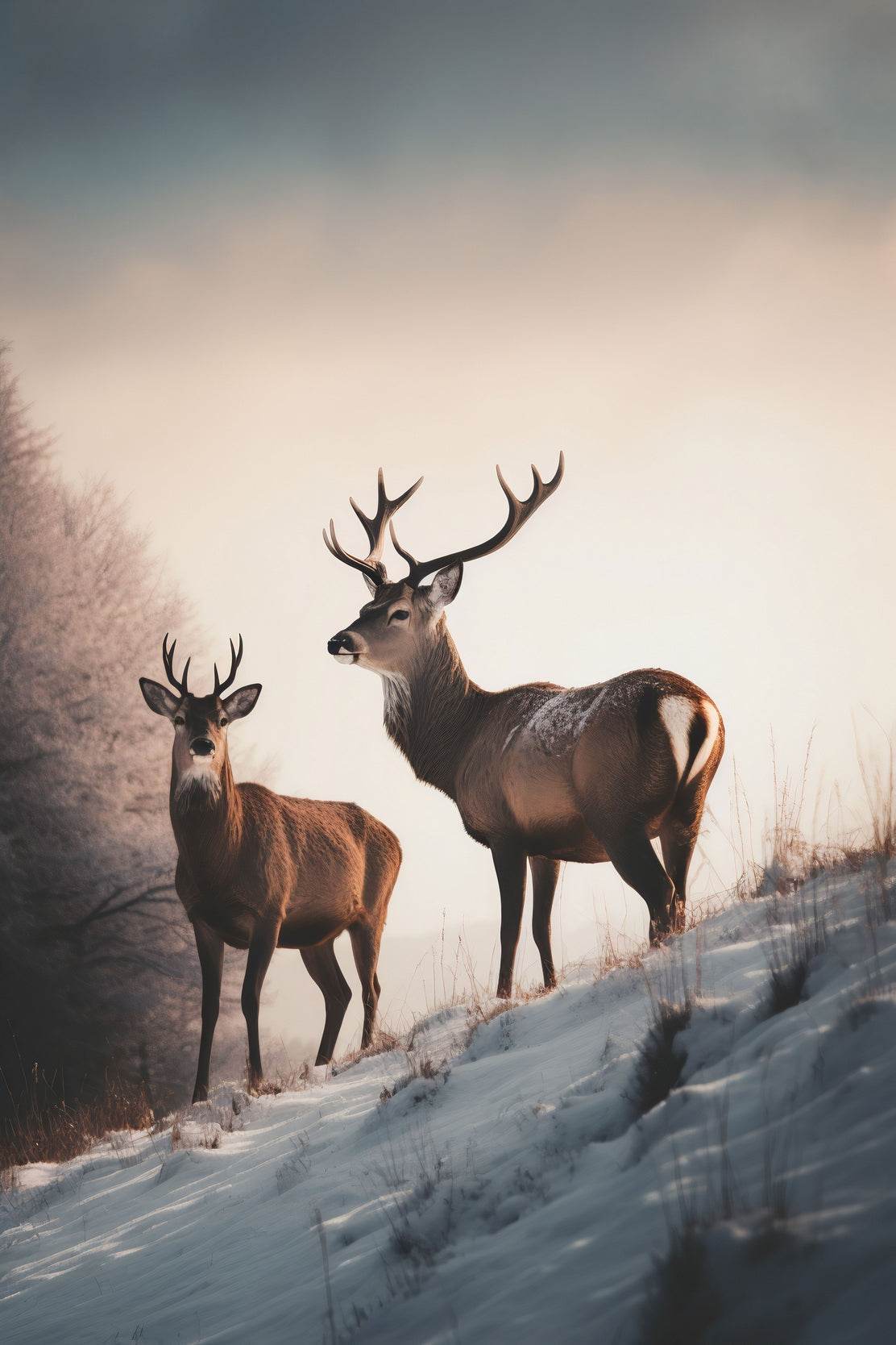 Pair of Red Deer Standing in Snow Wall Art - beink online art store