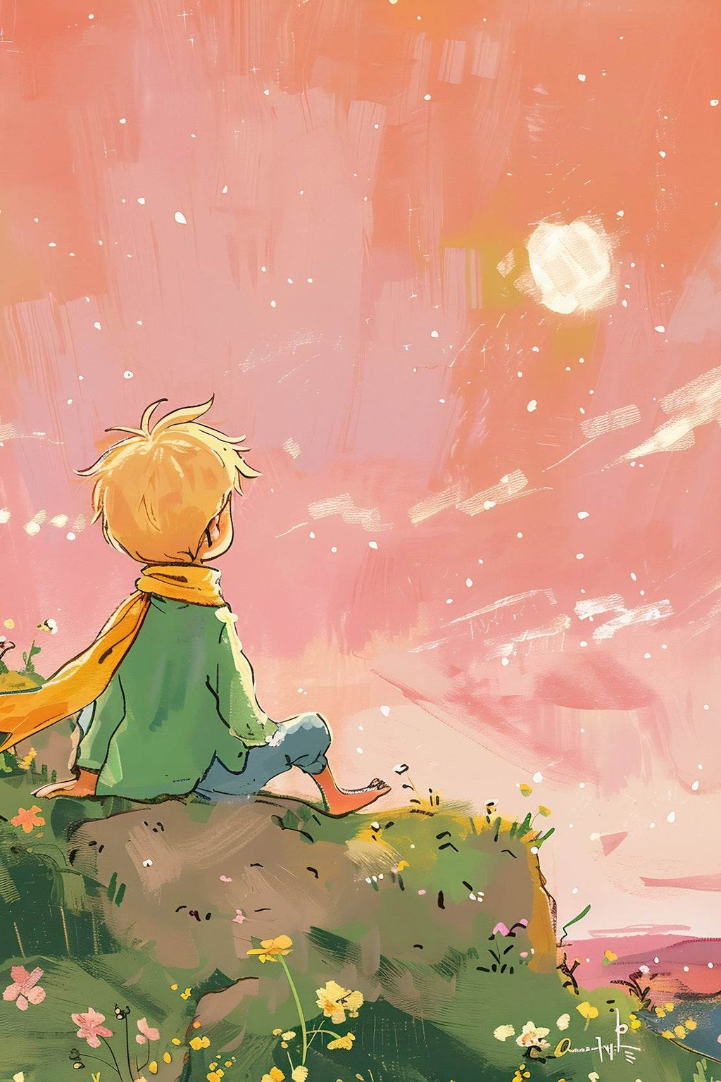 Cartoonish Painting of Little Boy Watching Sun - beink online art store