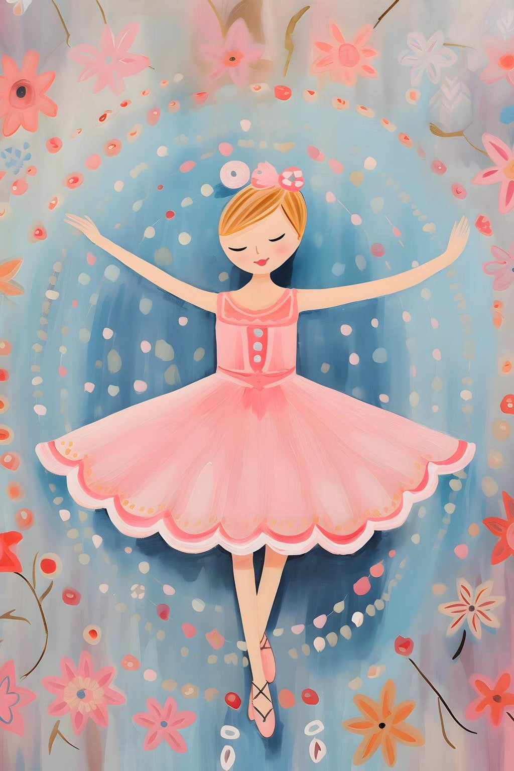 Drawing of Little Girl Dancing in Pink Dress - beink online art store