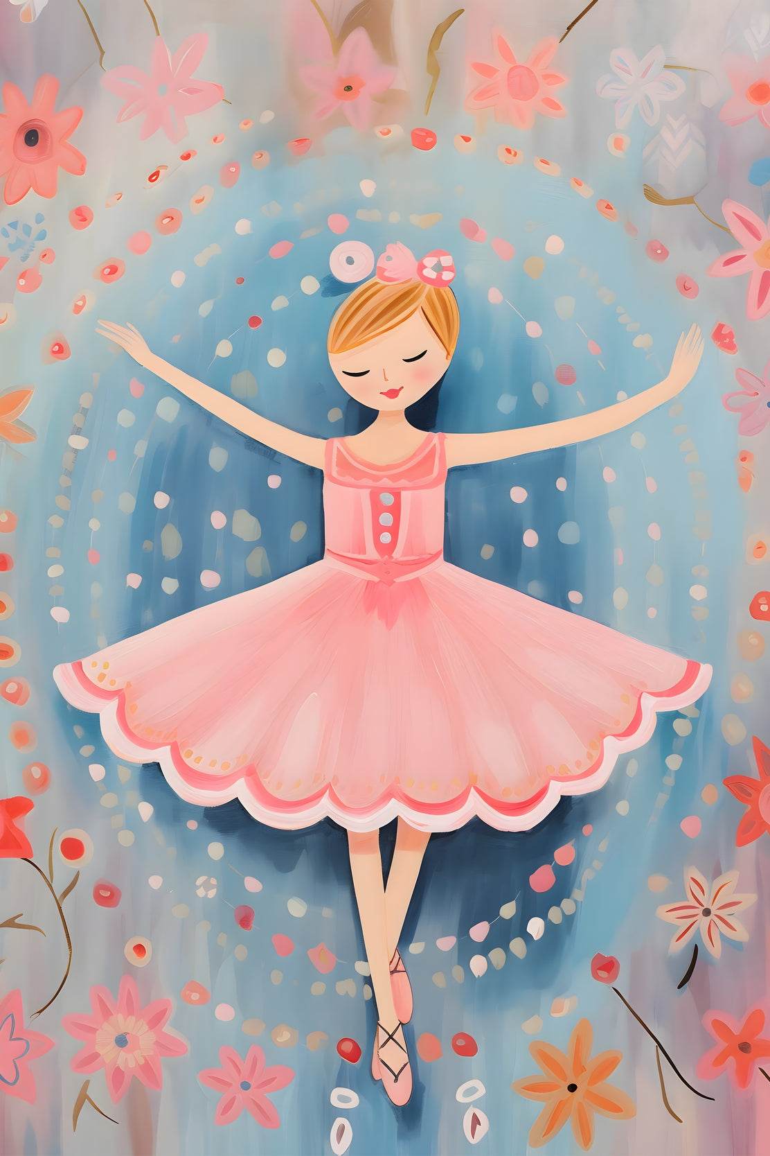 Drawing of Little Girl Dancing in Pink Dress - beink online art store