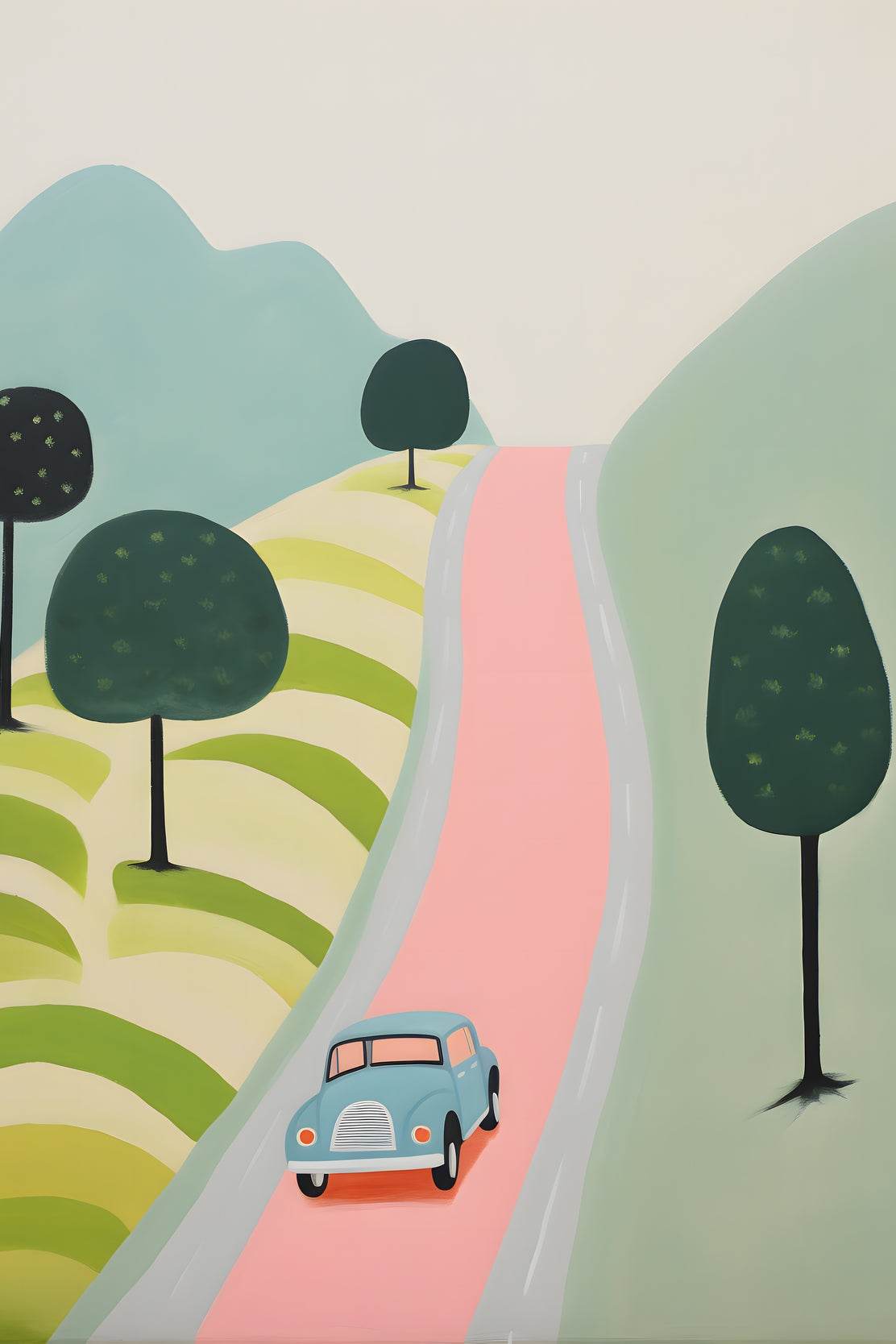 Green Car Passing From a Village - beink online art store