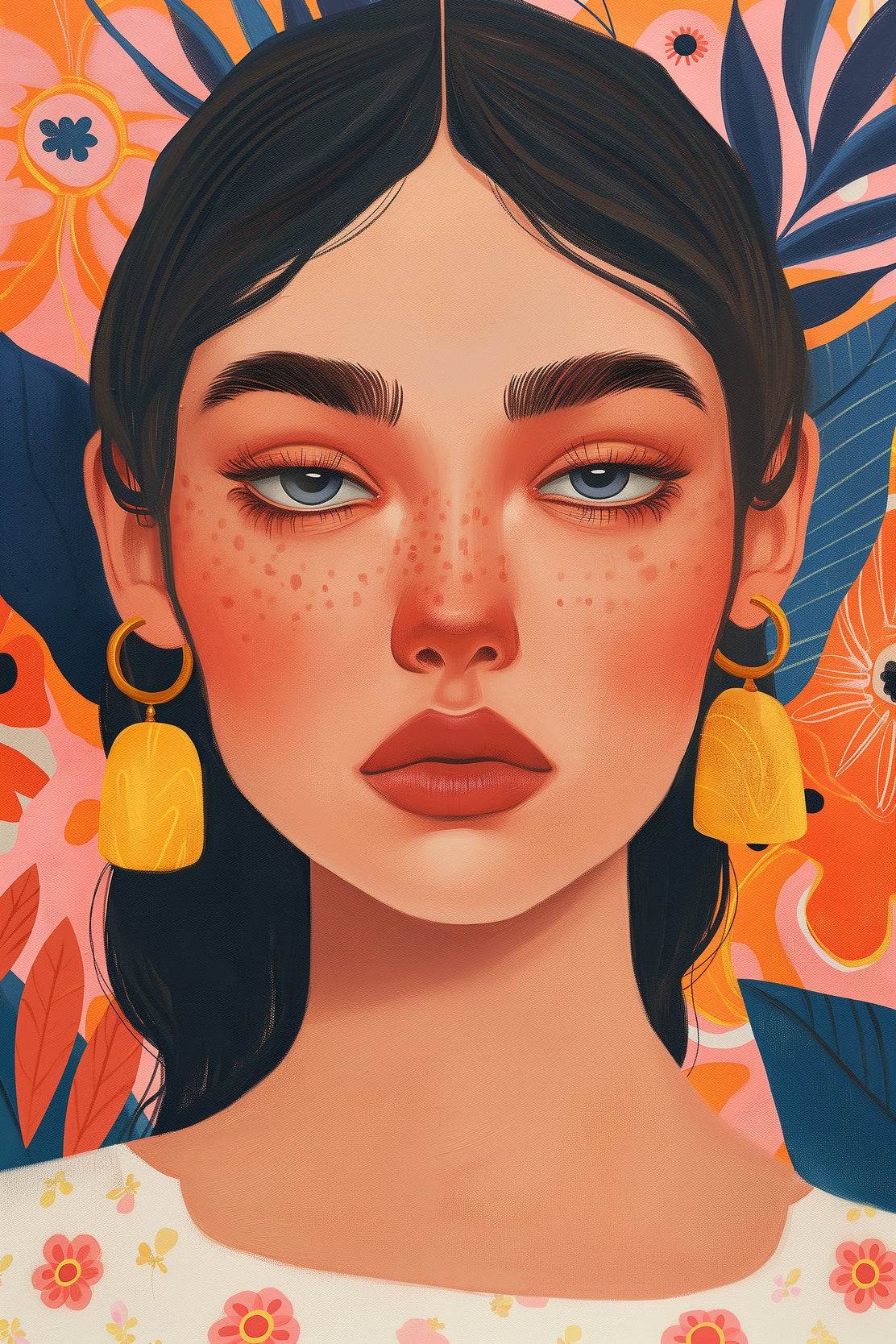 Woman is Sitting in a Flower Orange Dress ArtWork - beink online art store
