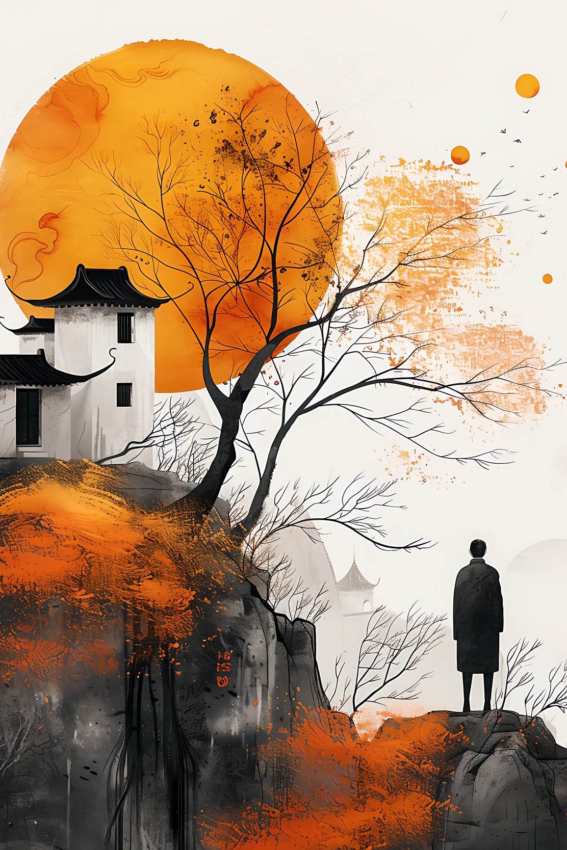 Orange Moon and Ancient House Wall Art - beink online art store