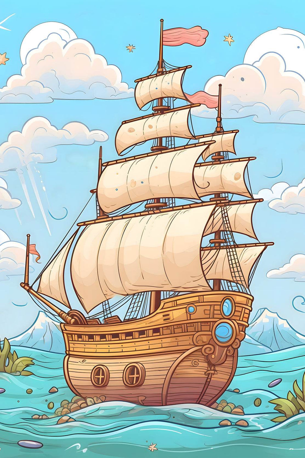 Drawing of Pirates Ship in Sea Storm - beink online art store