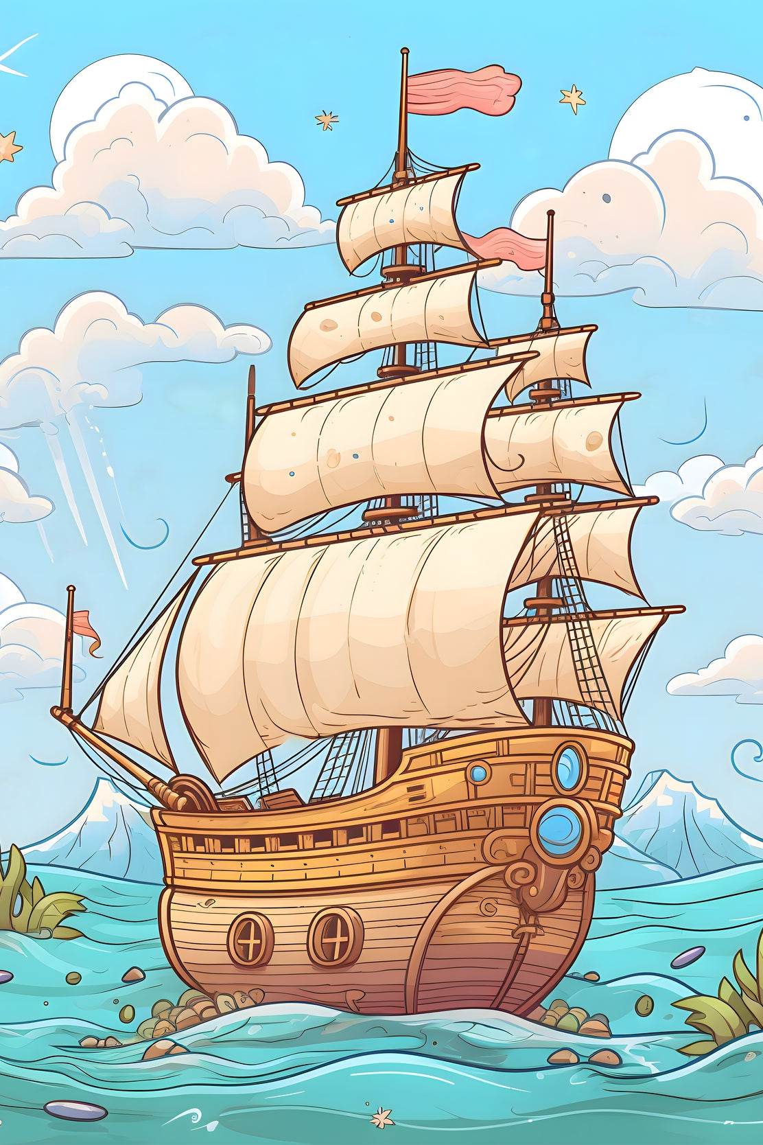 Drawing of Pirates Ship in Sea Storm - beink online art store