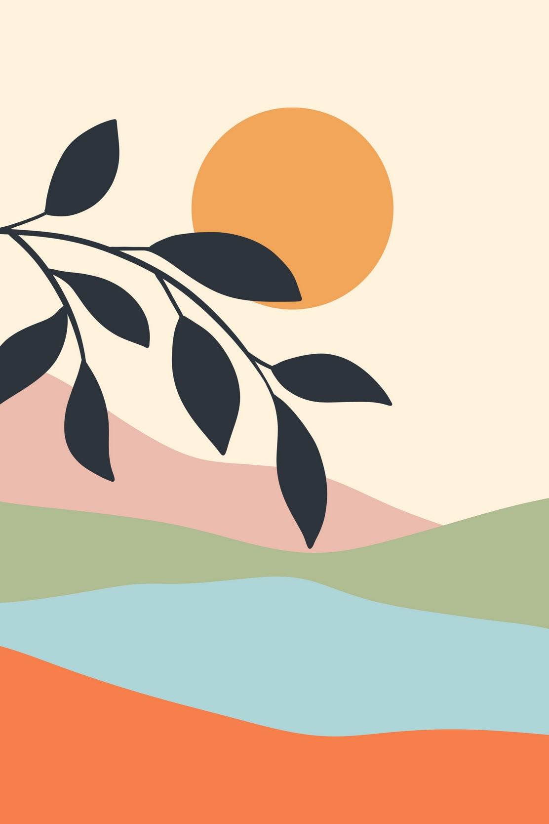 Abstract Landscape with Orange Sun with Black Leaves ArtWork - beink online art store