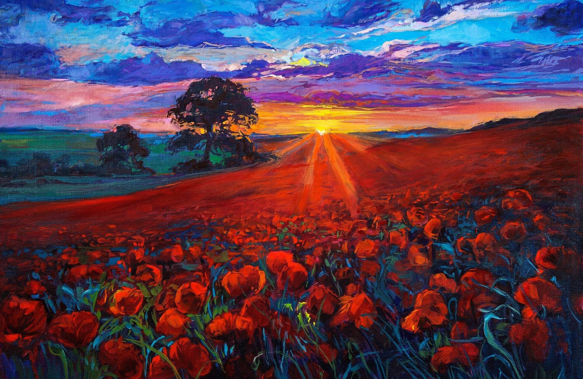 Oil Painting Sunrise In Flower Field Wall Art - beink online art store