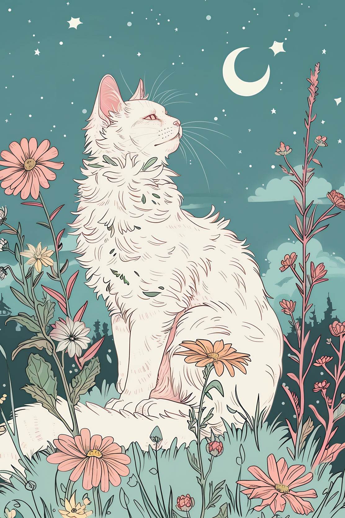 Painting of White Cat Watching the Moon - beink online art store