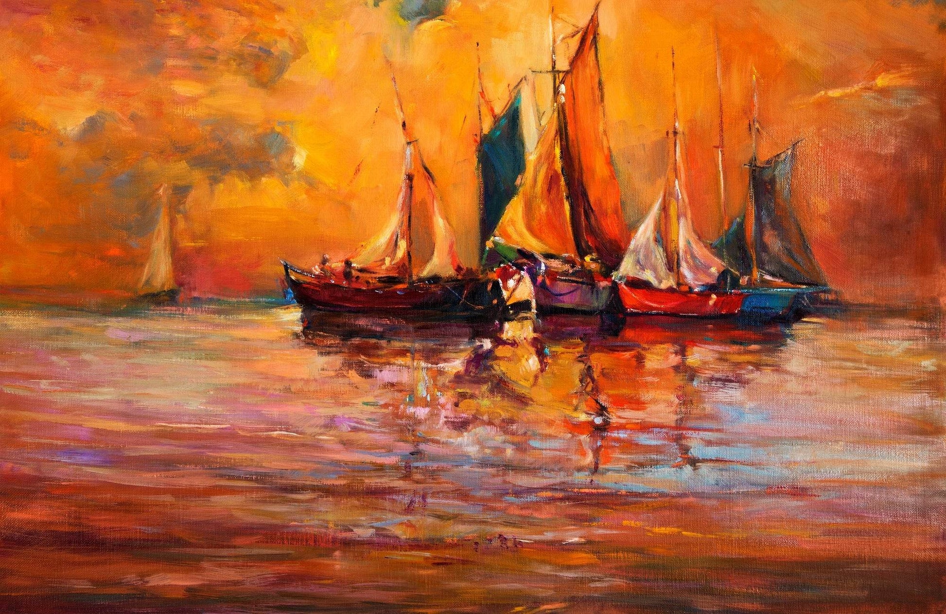 Fishing Boats in The Golden Sunset of The Sea Wall Art - beink online art store
