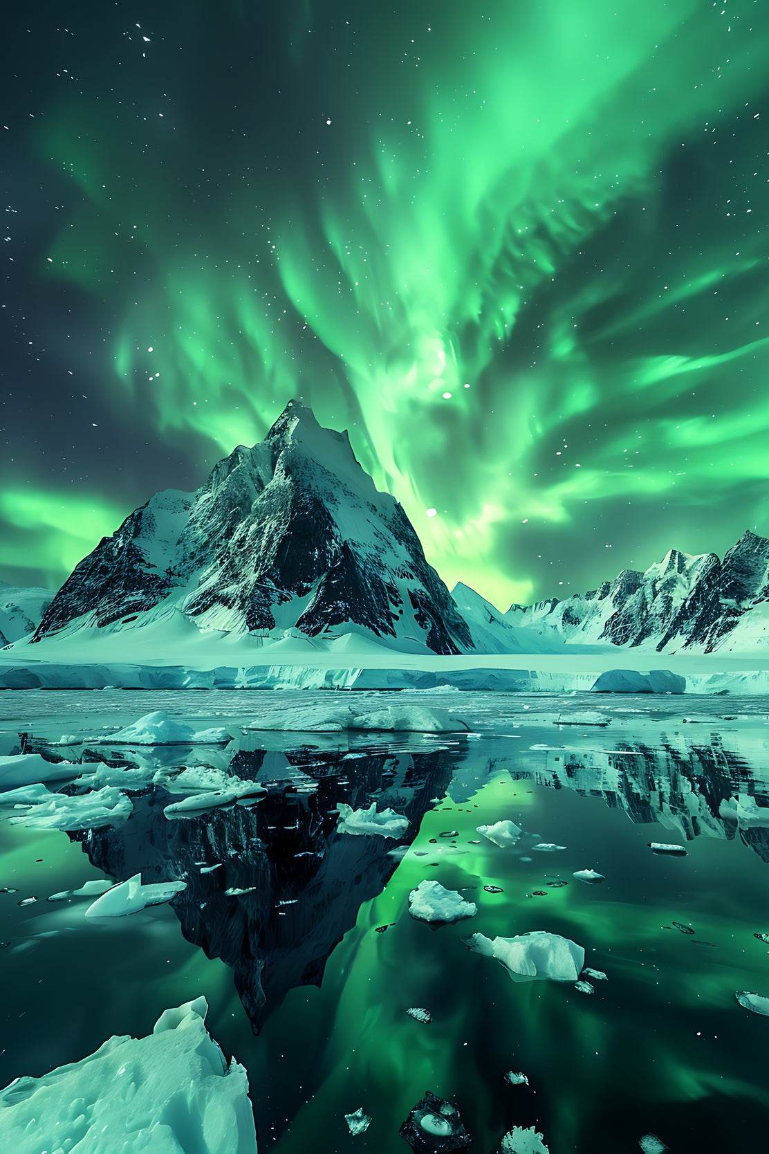 Green Northern lights with view ocean - beink online art store