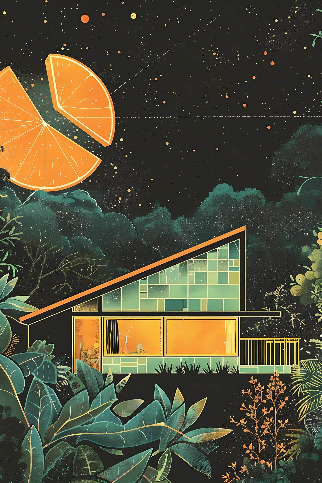 Drawing of A Wooden Hut With A Cut Background of Oranges Wall Art - beink online art store