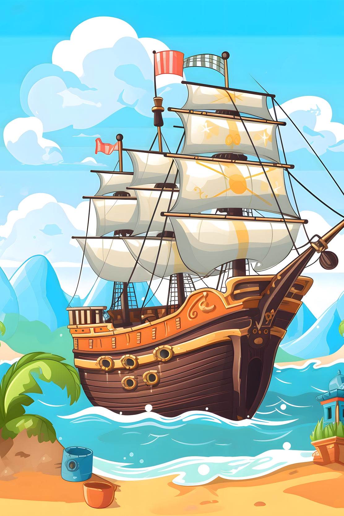 Cartoon Pirate Ship In The Sea - beink online art store