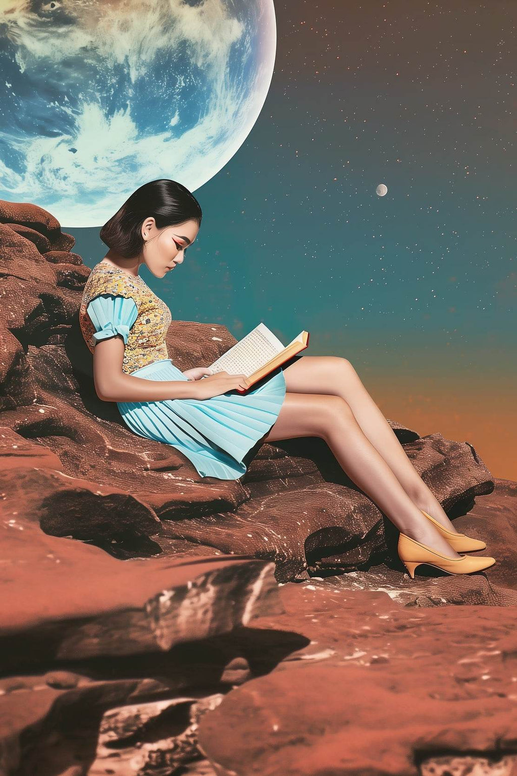 Girl Reading Book With Moon Background Wall Art - beink online art store