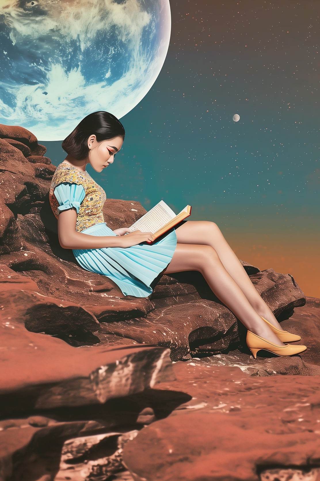 Girl Reading Book With Moon Background Wall Art - beink online art store