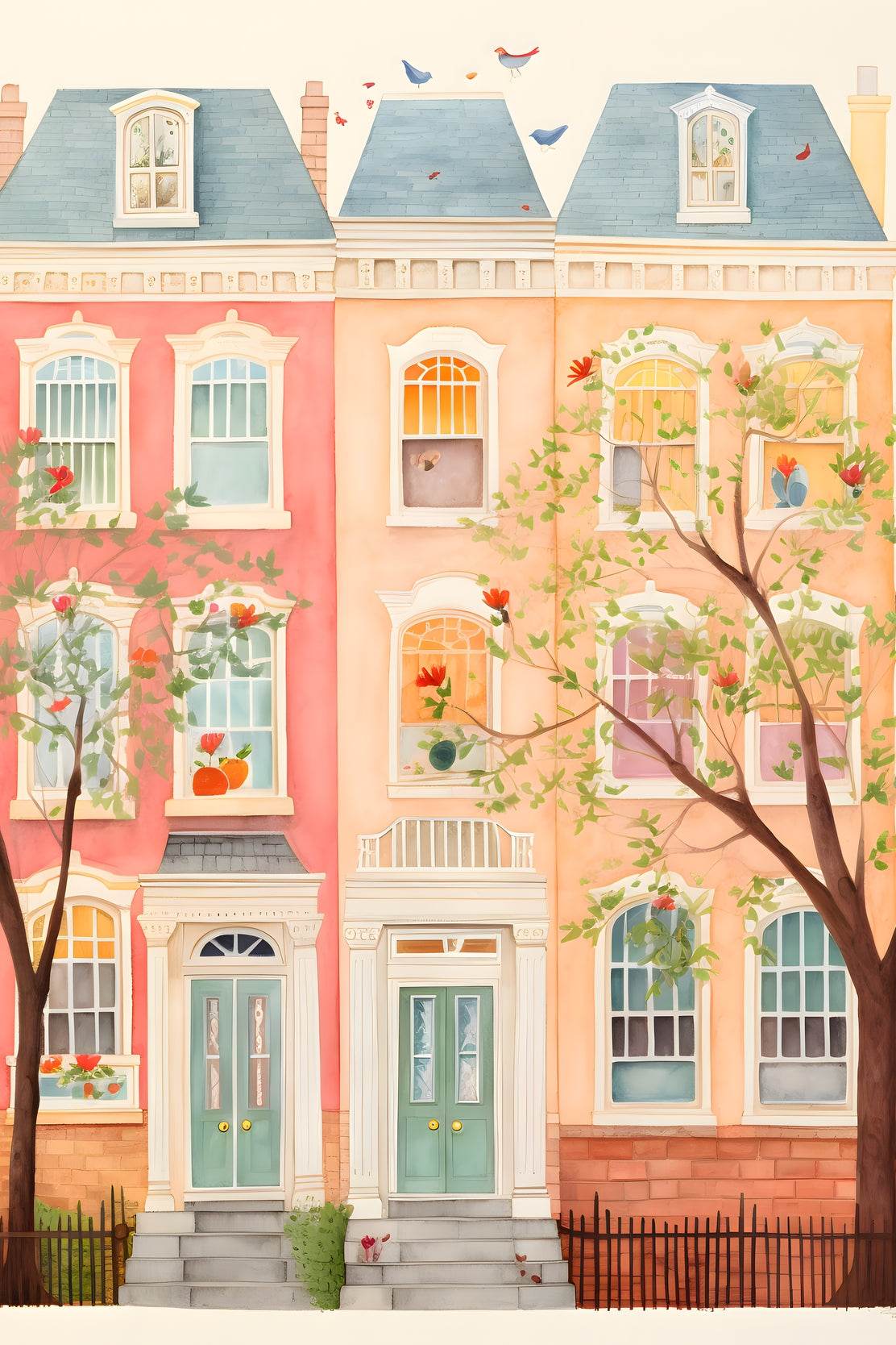 Pastel Colored Row Houses Illustration - beink online art store