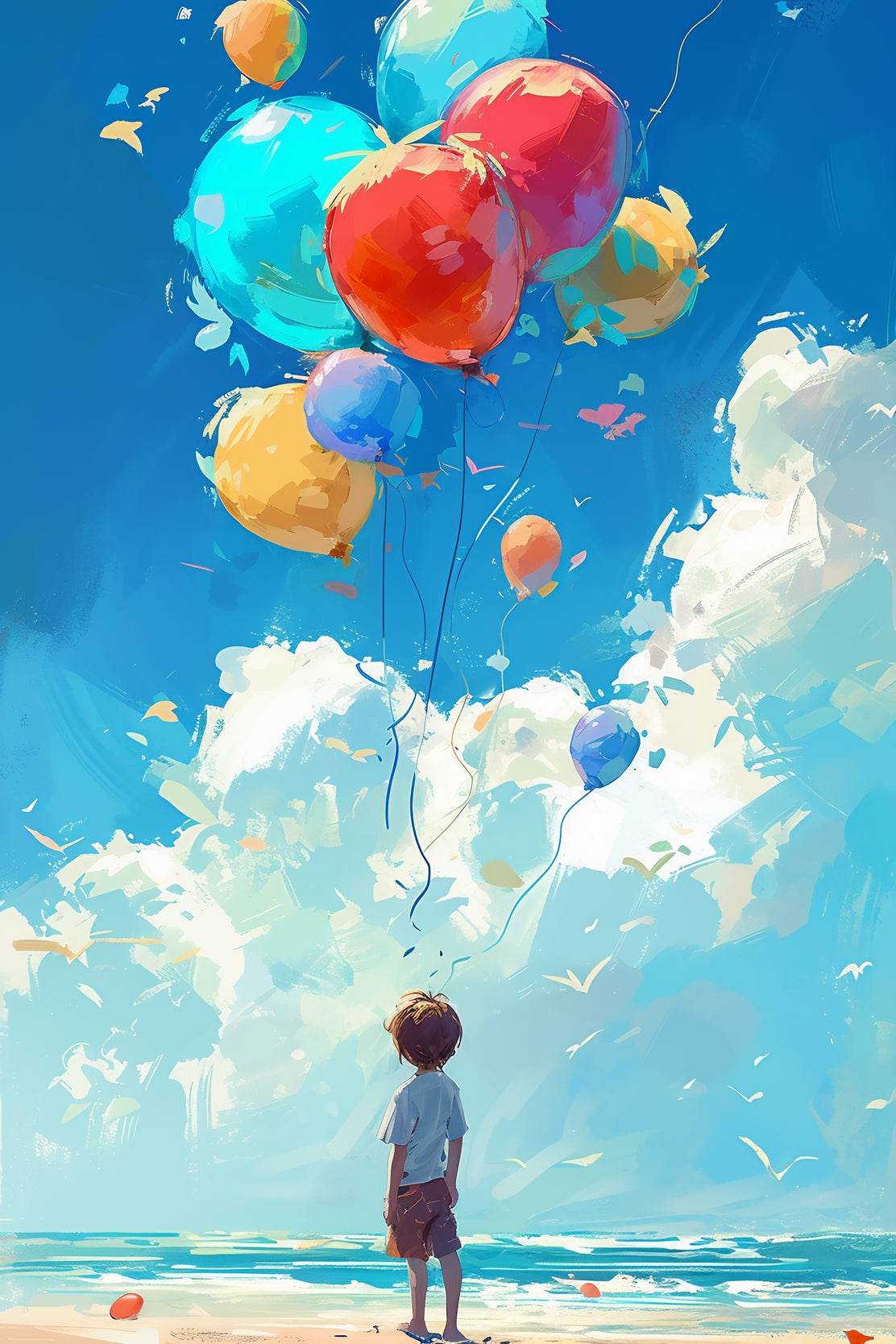 Painting of a Boy Standing Near Sea With Balloons - beink online art store