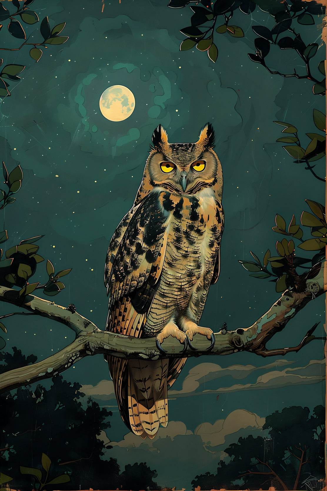 Illustration of an Owl on a Tree Branch - beink online art store