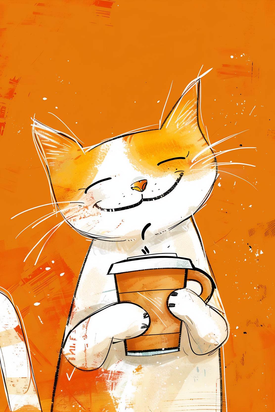 Painting of Cute Smiling Cat Holding Cup - beink online art store