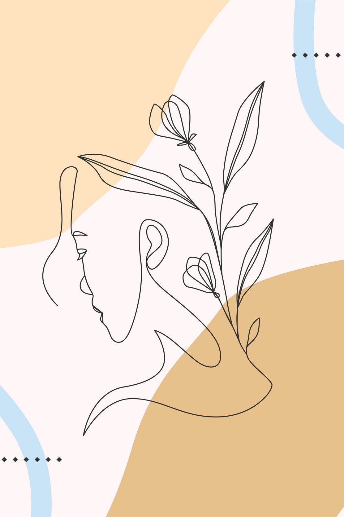 Line Art Of a Woman Face and Beautiful Flowers - beink online art store