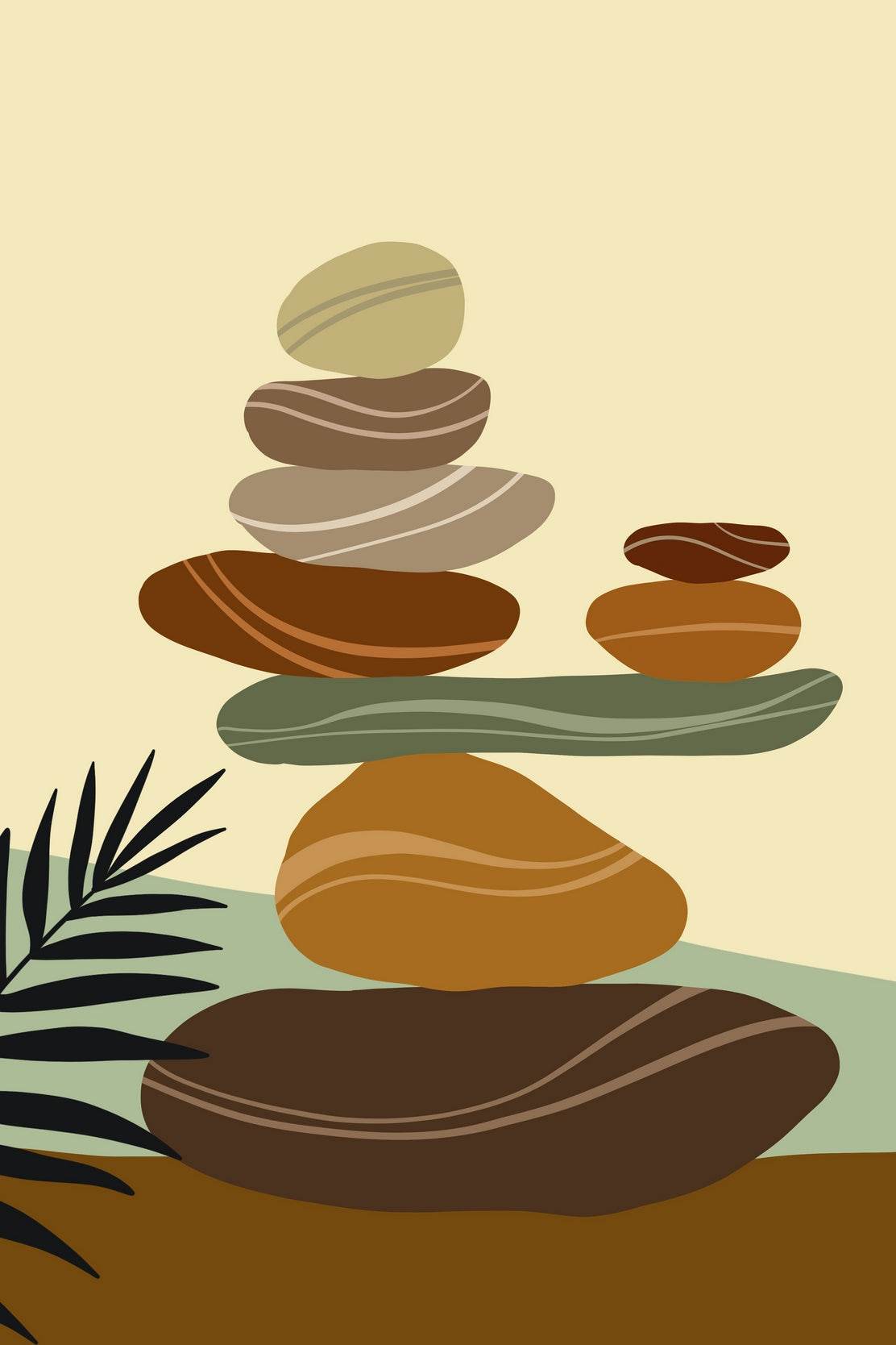 Balanced Stack of Colorful Stones with a Palm Leaf ArtWork - beink online art store
