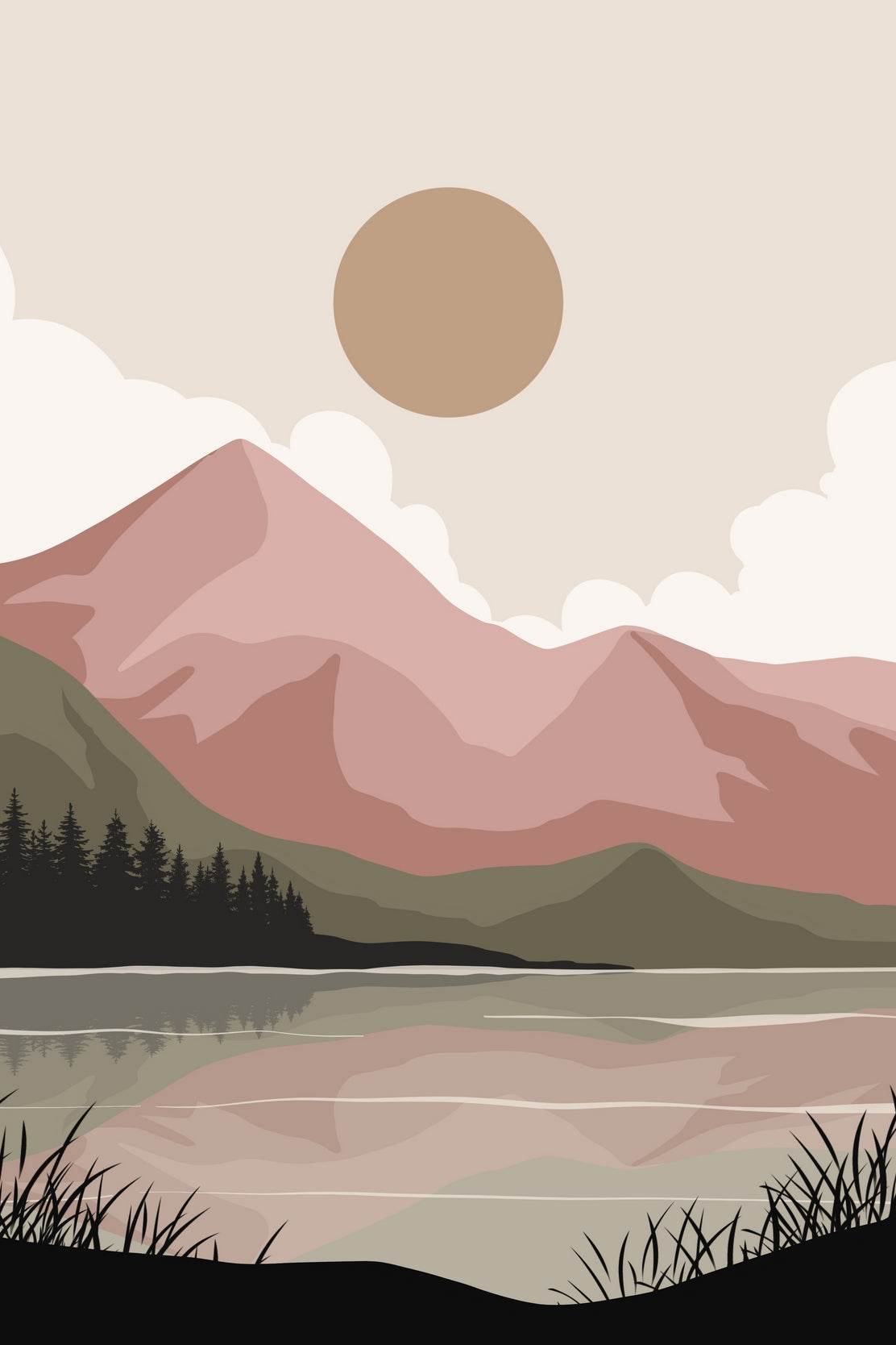 Serene Landscape with Pink Mountains a Calm lake ArtWork - beink online art store