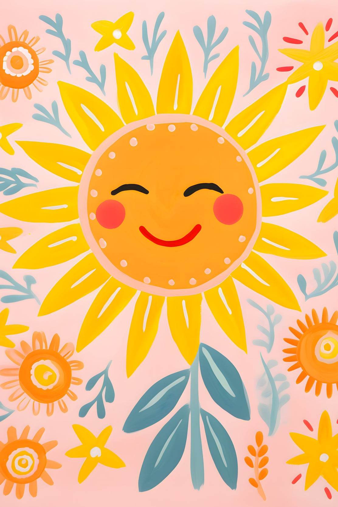 Painting of Smiling Sunflower With Floral Background - beink online art store