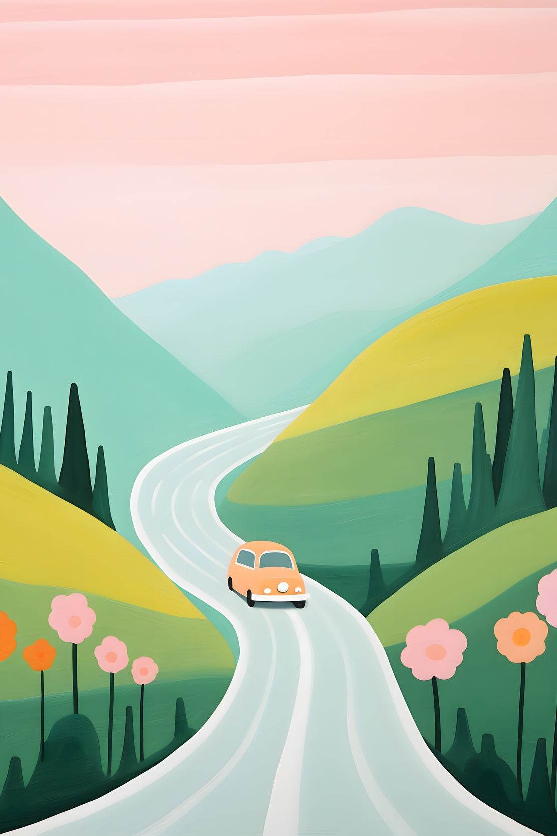 Painting of Pink Car Passing Through the Green Meadows - beink online art store