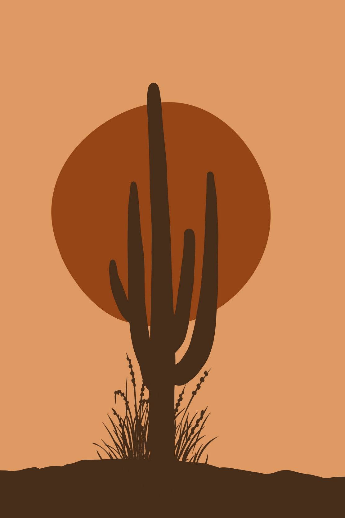 Tall Cactus Silhouetted Against a Large Orange Sun in a Desert Landscape ArtWork - beink online art store