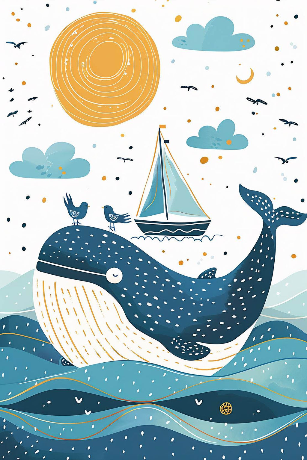 Painting of Blue Whale and a Boat in the Oean - beink online art store