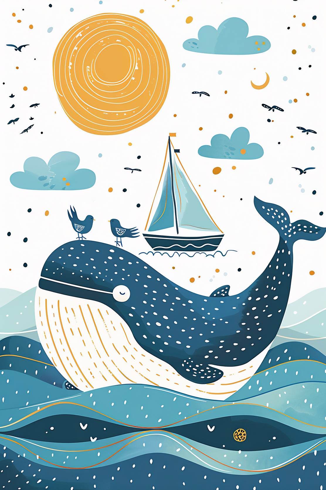 Painting of Blue Whale and a Boat in the Oean - beink online art store