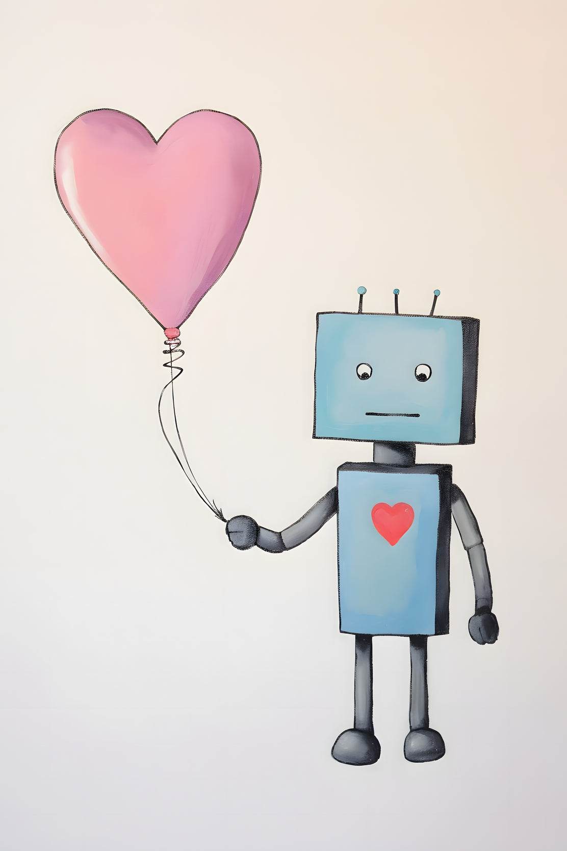 Drawing of Blue Robot Holding Pink Heart - beink online art store