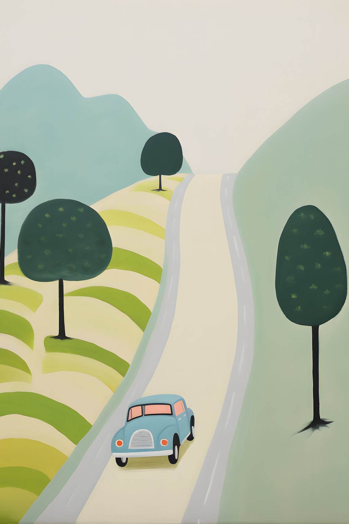 Painting of Blue Car Passing Through Meadows - beink online art store
