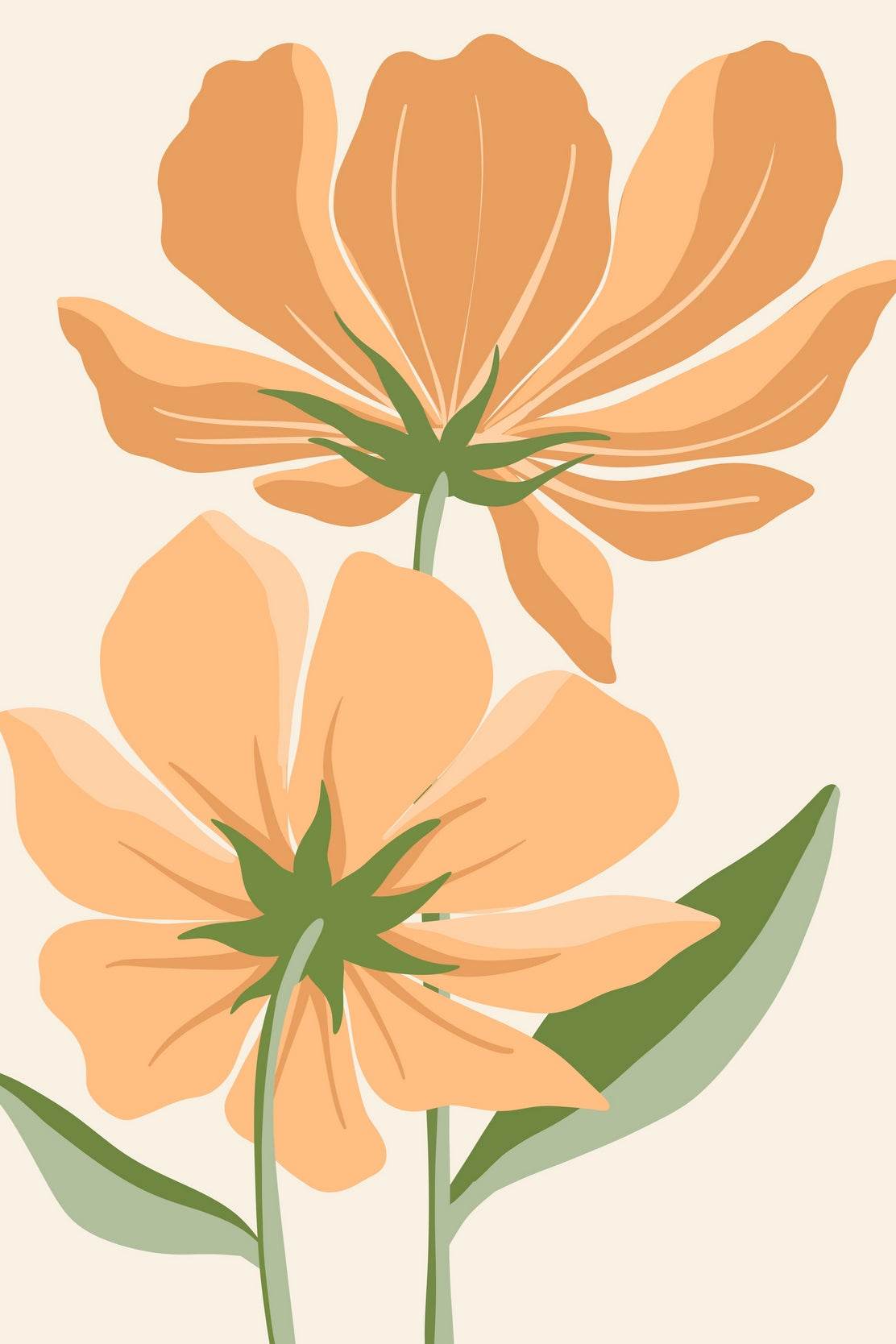 Large Peach Colored Flowers with leaves on a light background ArtWork - beink online art store