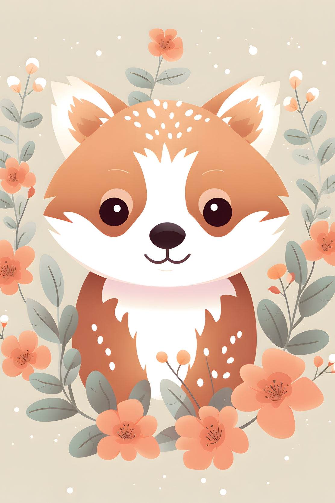 Painting of Cute Little Fox Sitting among Flowers - beink online art store