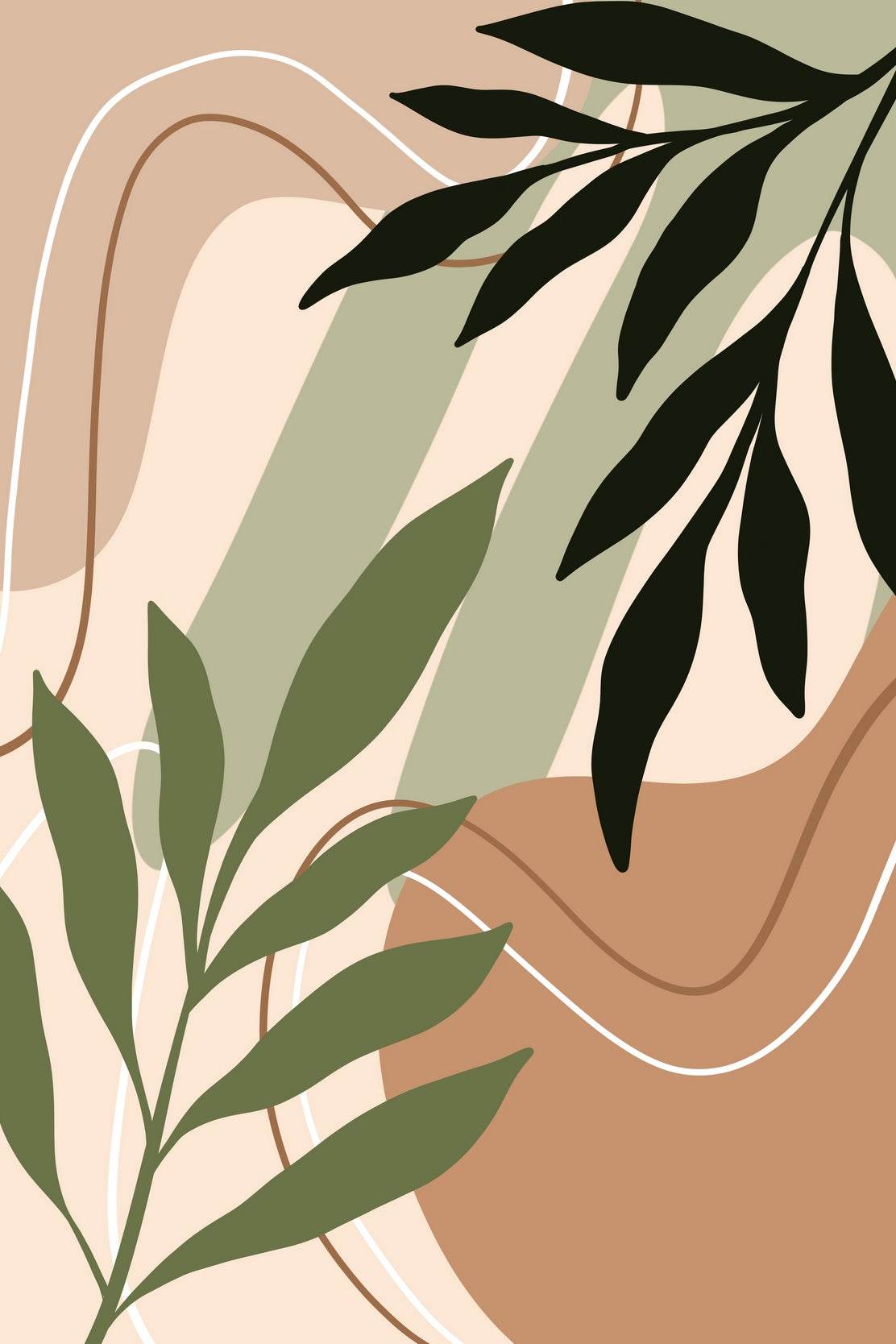 Green and Black Leaves on a Background with Abstract Shapes ArtWork - beink online art store