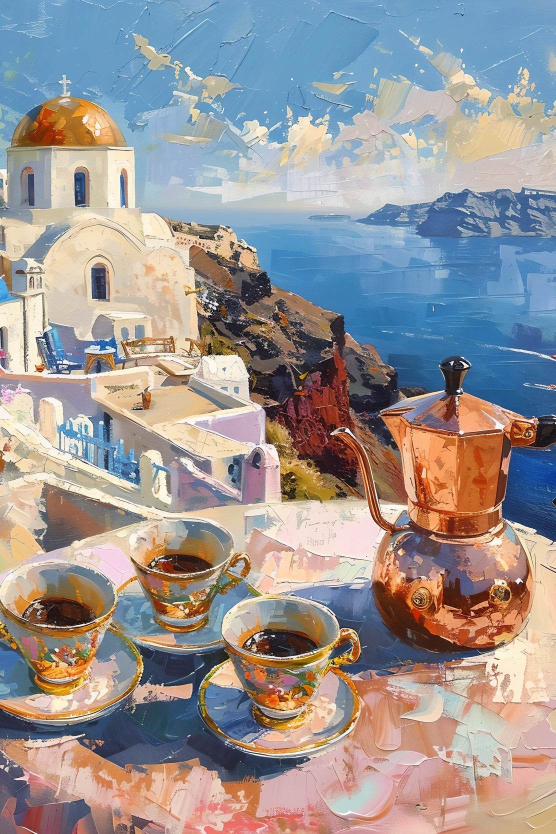 Morning Coffee with a View Greek Getaway Santorini Sunrise Wall Art - beink online art store