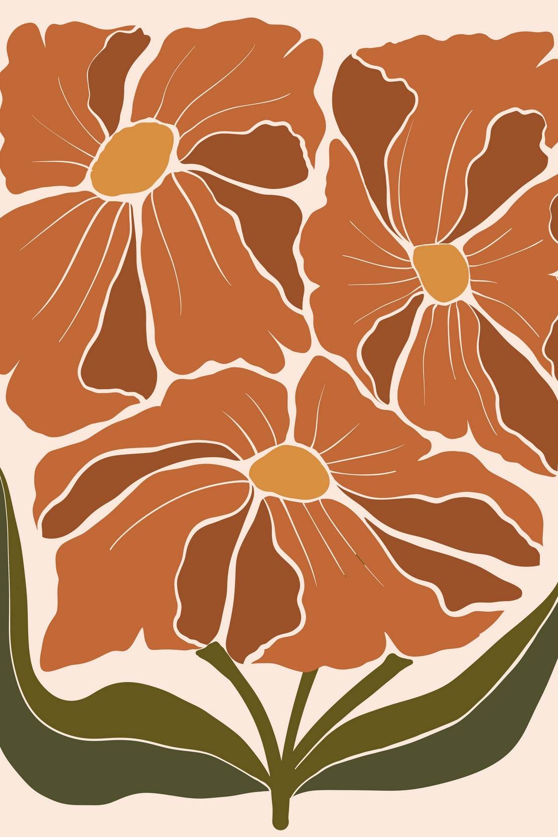 Bouquet of Three Stylized Orange Flowers with Green Leaves ArtWork - beink online art store