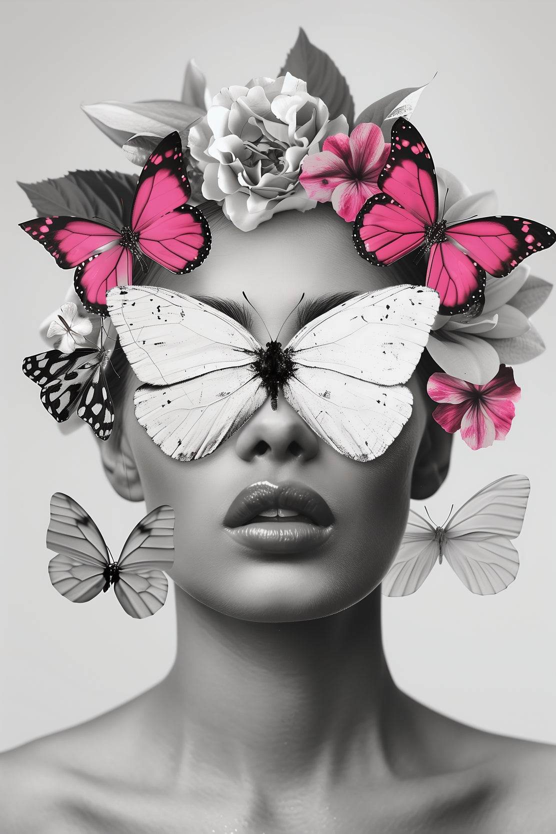 Woman's Face With Butterflies and Flowers - beink online art store