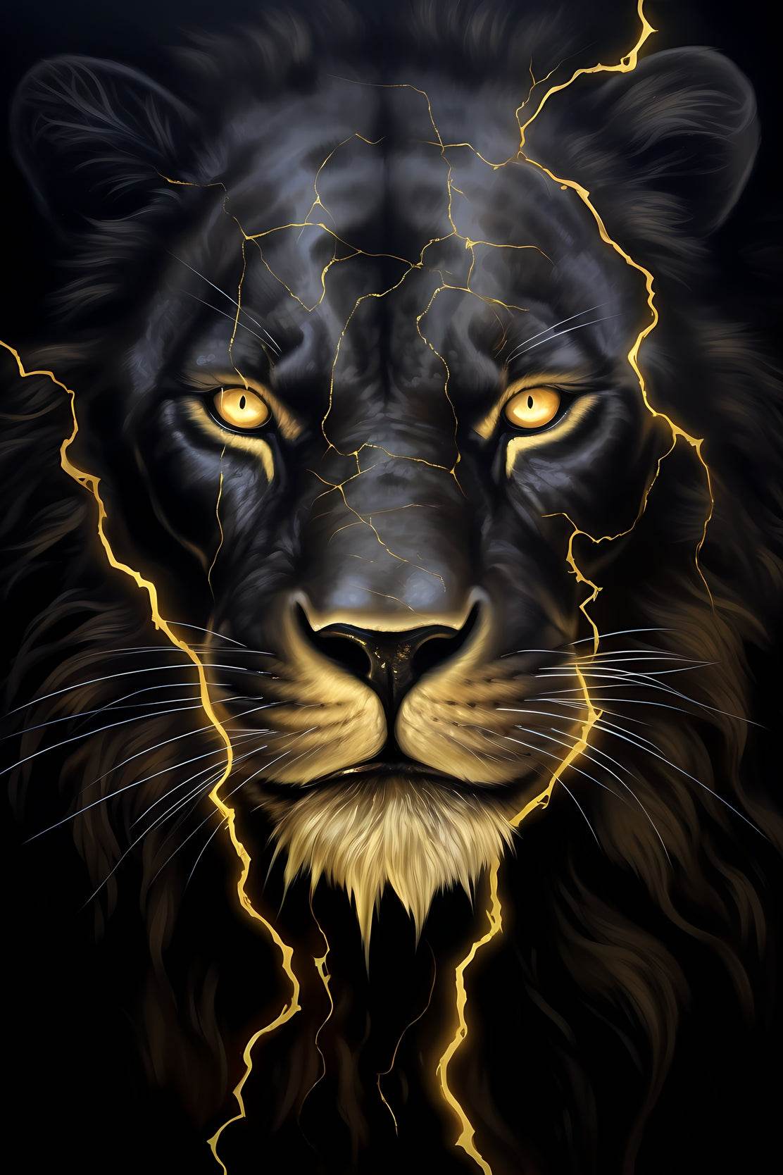 Black Color Neon Line Painting of Lion - beink online art store