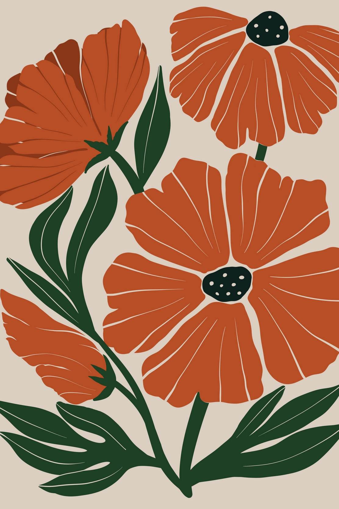 Bouquet of Three Stylized Orange Flowers with Green Leaves ArtWork - beink online art store