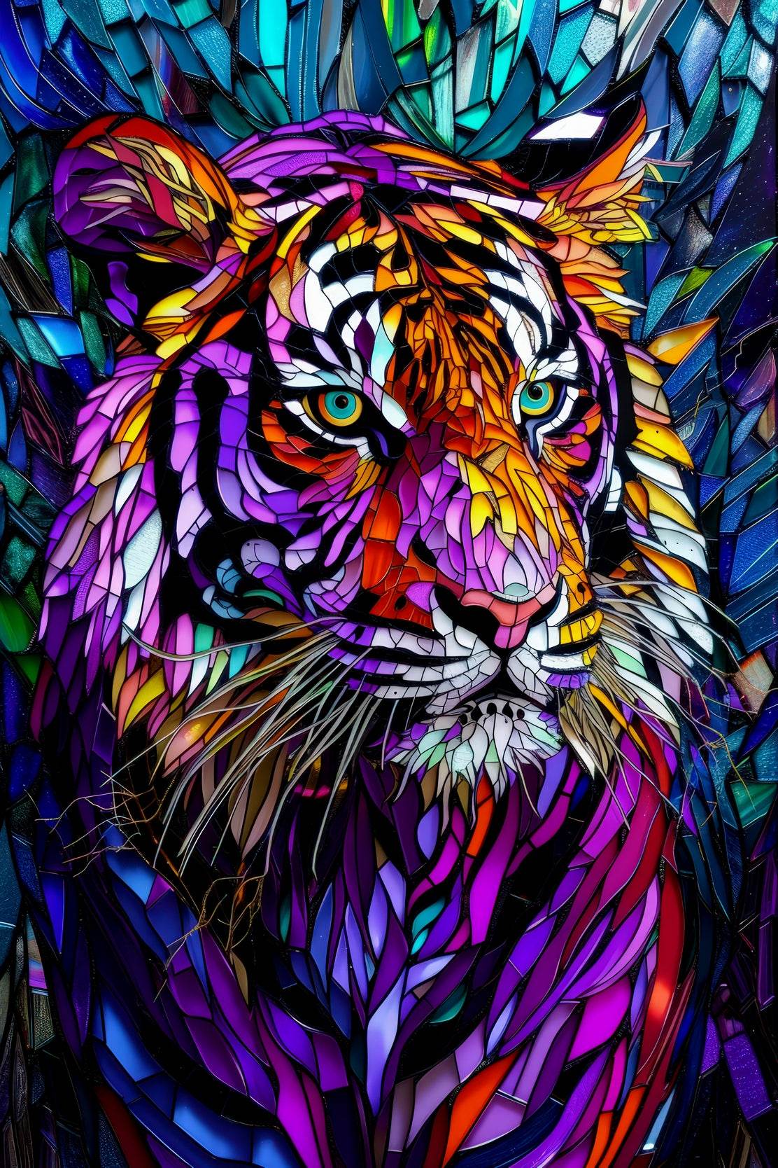 Abstract Stained Glass Painting of Colorful Tiger - beink online art store