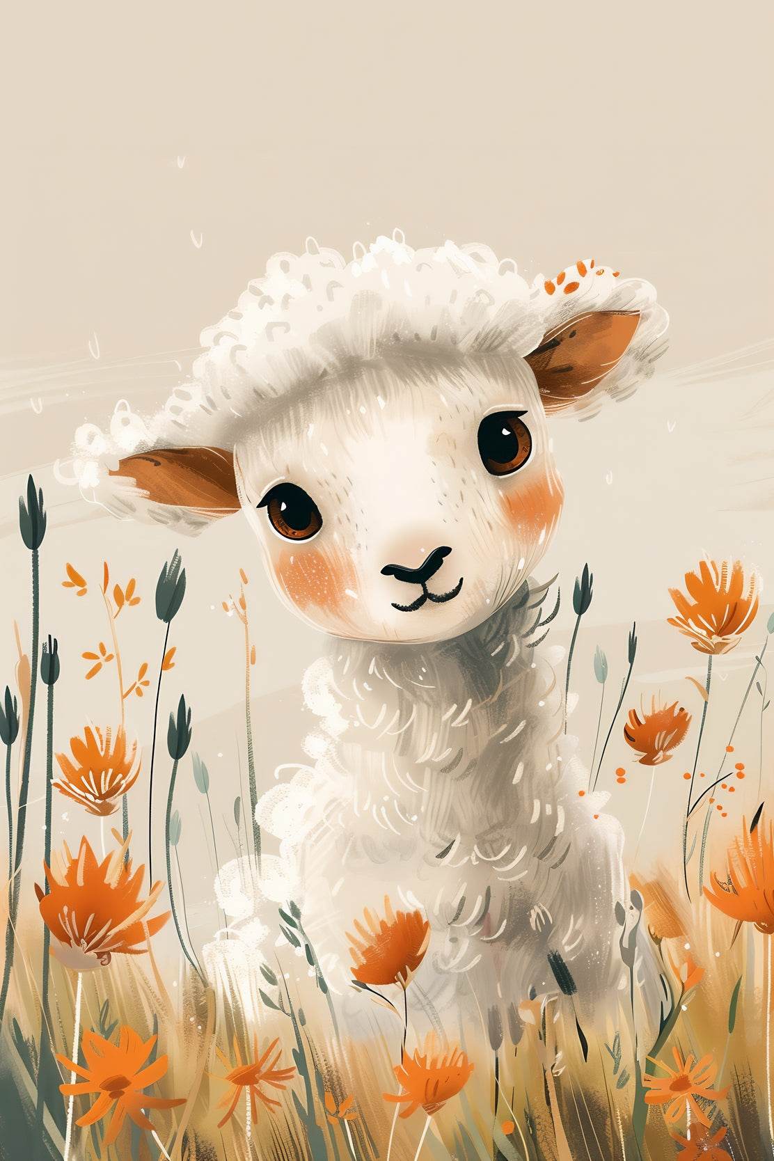 Painting of White Lamb With Flowers - beink online art store