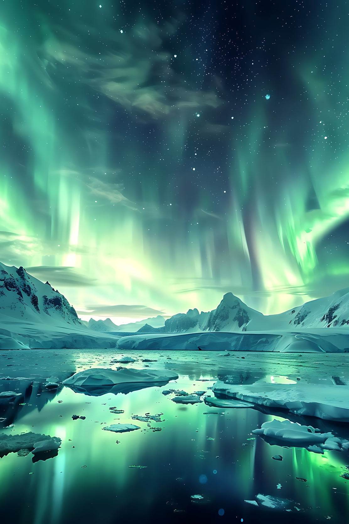 Green Northern Lights in the Sky Over Ice and Snow From lake Wall Art - beink online art store