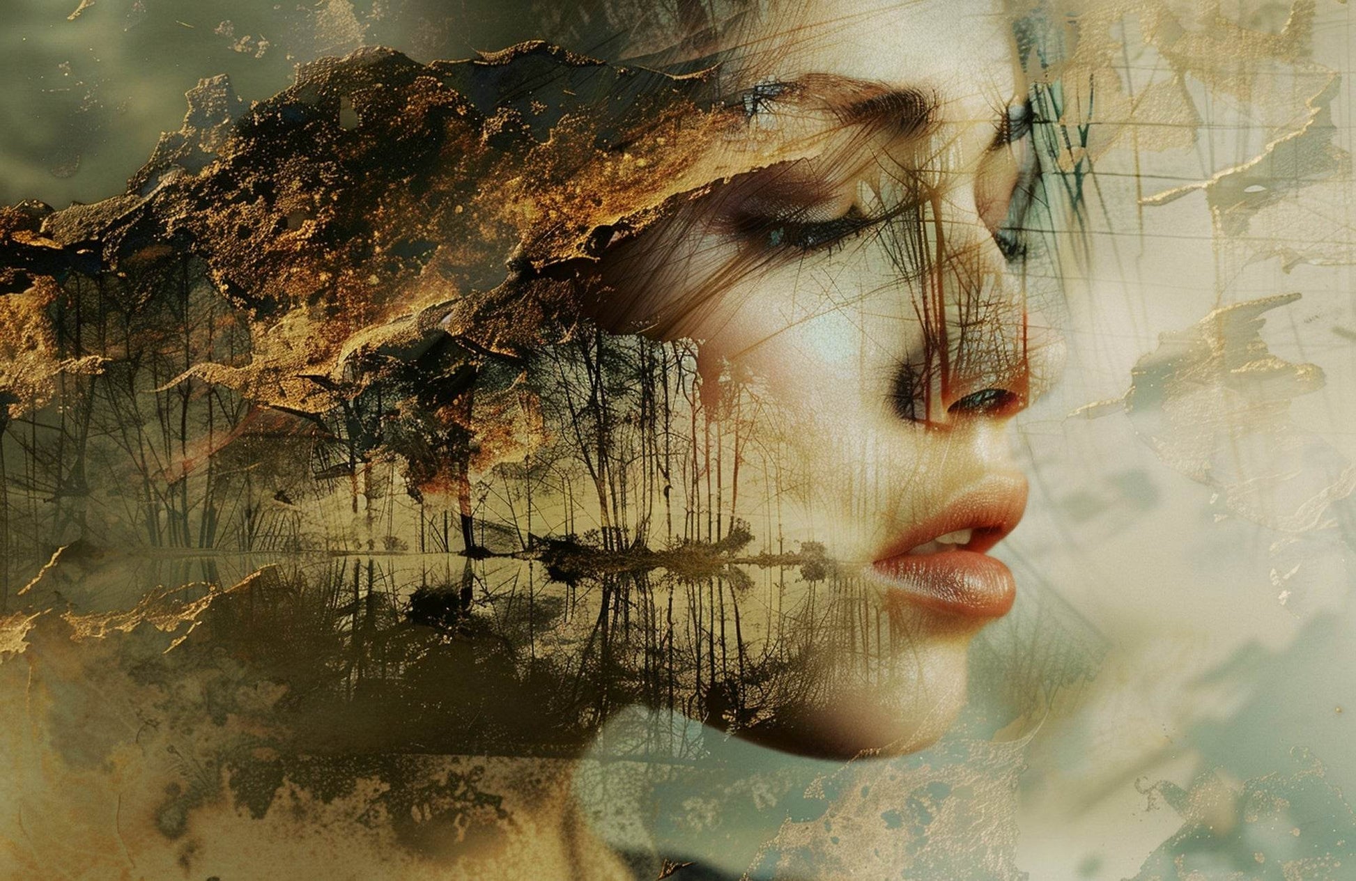 Women Face Merging With Reflections of Nature Digital Art - beink online art store