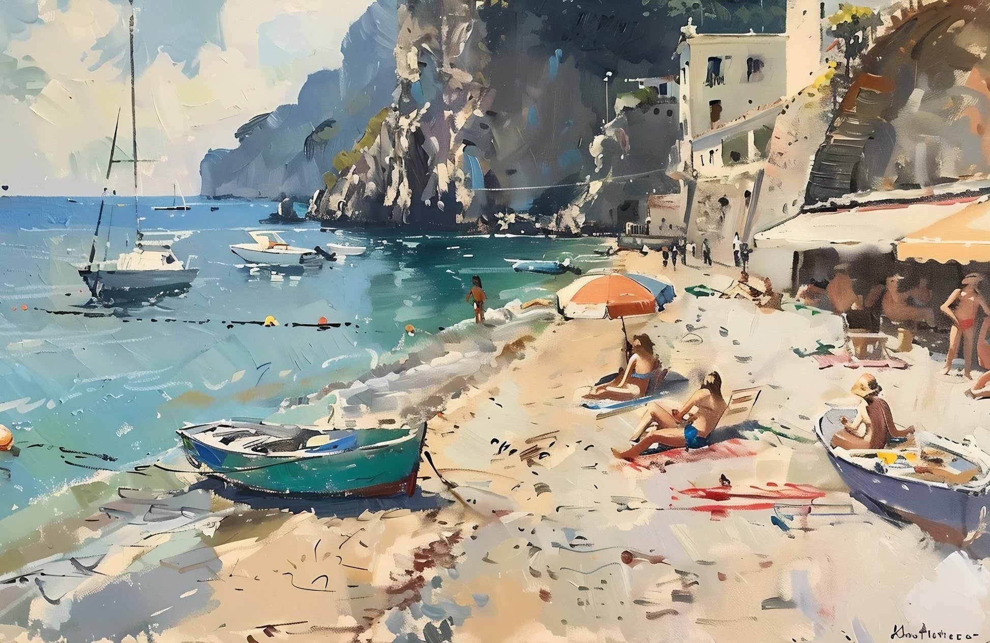 Oil Painting of People And Boats on The Beach Wall Art - beink online art store