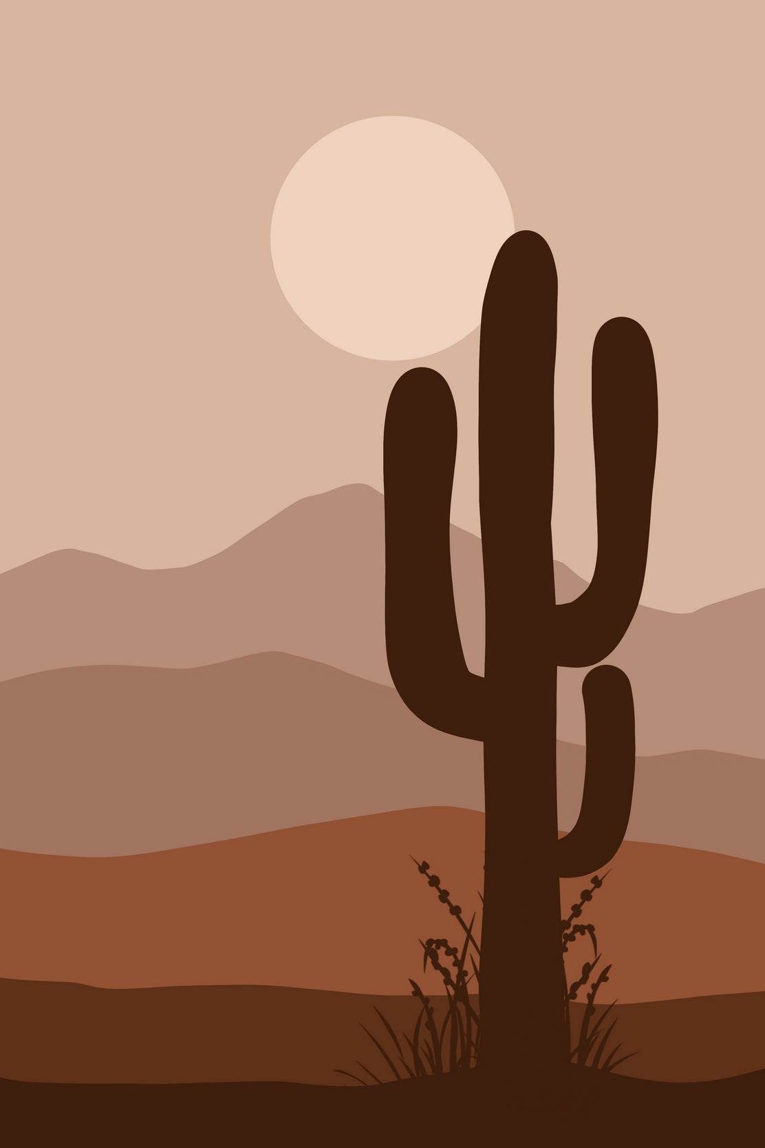 Desert Landscape with a Large Cactus in Mountains and a Sun ArtWork - beink online art store