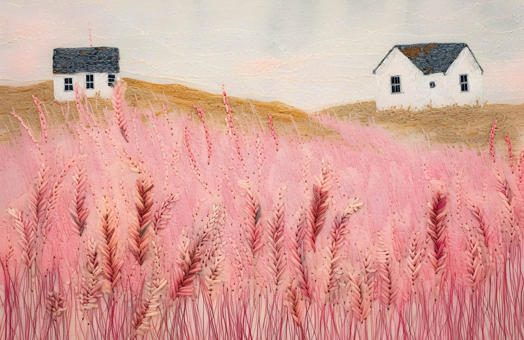 Abstract Pink Meadow Painting With Grass and House - beink online art store