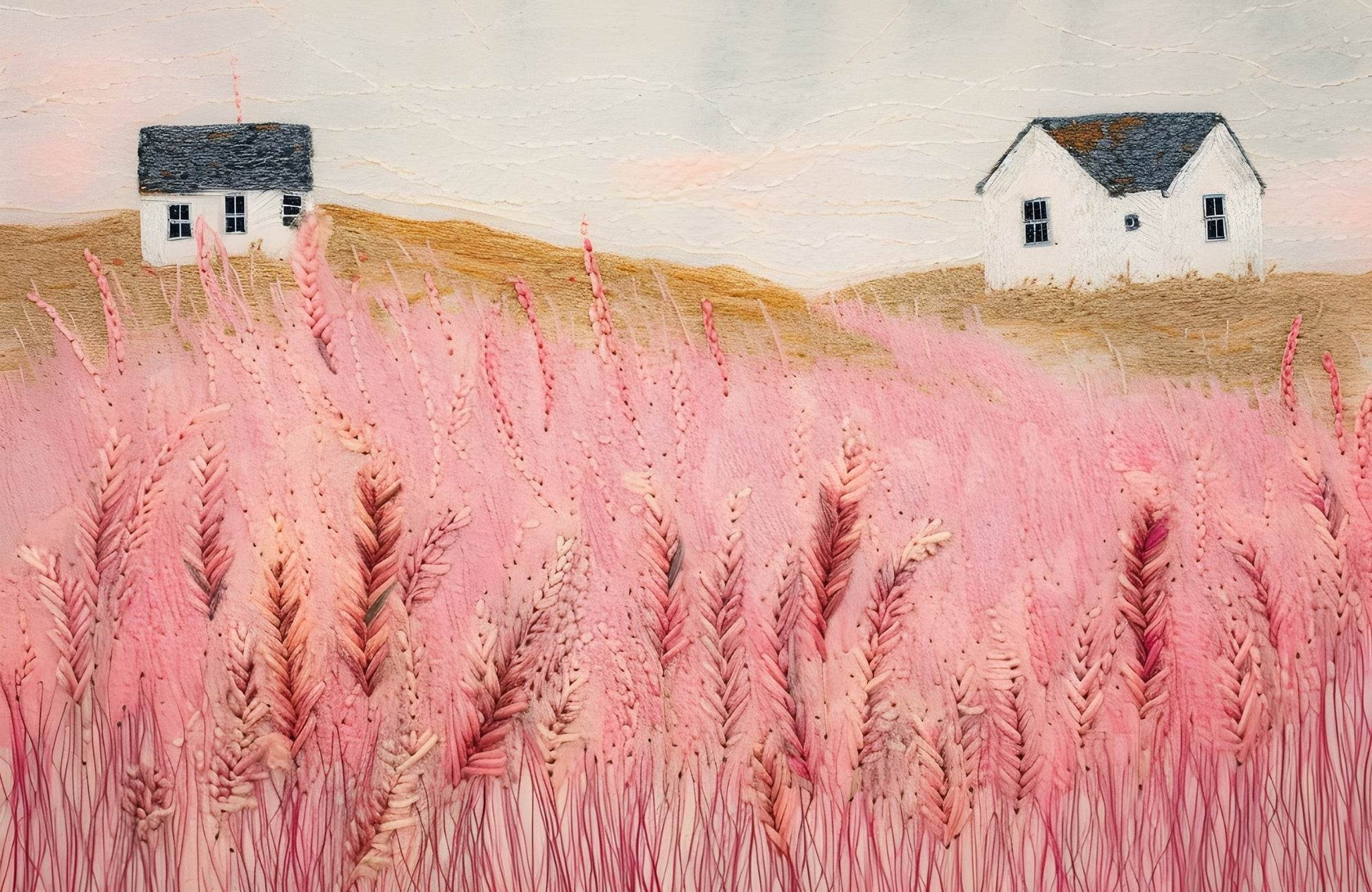 Abstract Pink Meadow Painting With Grass and House - beink online art store